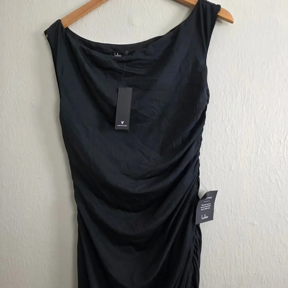 NEW Lulus Incredibly Posh Black Ruched Asymmetrical Midi Dress - Picture 5 of 13